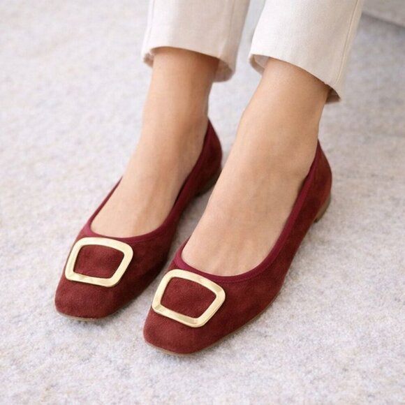 Avellini Shoes - Avellini Burgundy Suede Ballet Flats Square Toe Buckle Size 9.5